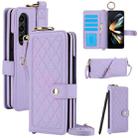 For Samsung Galaxy Z Fold4 Splicing Rhombic Texture Phone Case with Long & Short Lanyard, Not Included Pen(Purple) - 1
