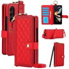 For Samsung Galaxy Z Fold4 Splicing Rhombic Texture Phone Case with Long & Short Lanyard, Not Included Pen(Red) - 1