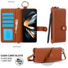 For Samsung Galaxy Z Fold4 Splicing Rhombic Texture Phone Case with Long & Short Lanyard, Not Included Pen(Brown) - 2