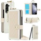 For Samsung Galaxy Z Fold5 Splicing Rhombic Texture Phone Case with Long & Short Lanyard, Not Included Pen(Beige) - 1