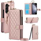 For Samsung Galaxy Z Fold5 Splicing Rhombic Texture Phone Case with Long & Short Lanyard, Not Included Pen(Rose Gold) - 1