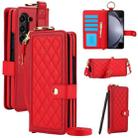For Samsung Galaxy Z Fold5 Splicing Rhombic Texture Phone Case with Long & Short Lanyard, Not Included Pen(Red) - 1