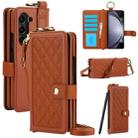 For Samsung Galaxy Z Fold5 Splicing Rhombic Texture Phone Case with Long & Short Lanyard, Not Included Pen(Brown) - 1