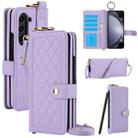 For Samsung Galaxy Z Fold6 Splicing Rhombic Texture Phone Case with Long & Short Lanyard, Not Included Pen(Purple) - 1