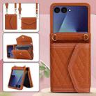For Samsung Galaxy Z Flip7 5G Splicing Rhombic Texture Phone Case with Long & Short Lanyard, Not Included Pen(Brown) - 2