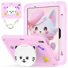 For iPad Air 11 2024 Cat Holder Silicone Hybrid PC Tablet Case with Strap(Cherry Blossom Pink) - 1