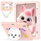 For iPad Pro 11 2024 Cat Holder Silicone Hybrid PC Tablet Case with Strap(Rose Pink) - 1