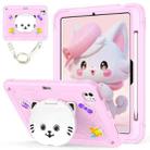 For iPad Pro 11 2024 Cat Holder Silicone Hybrid PC Tablet Case with Strap(Cherry Blossom Pink) - 1