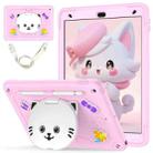 For iPad 10.2 2021 / 2020 / 2019 Cat Holder Silicone Hybrid PC Tablet Case with Strap(Cherry Blossom Pink) - 1