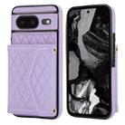 For Google Pixel 8 Splicing Rhombic Texture Card Bag Phone Case with Long Lanyard(Purple) - 1