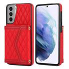 For Samsung Galaxy S21 5G Splicing Rhombic Texture Card Bag Phone Case with Long Lanyard(Red) - 1