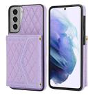 For Samsung Galaxy S21+ 5G Splicing Rhombic Texture Card Bag Phone Case with Long Lanyard(Purple) - 1