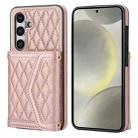 For Samsung Galaxy S24 5G Splicing Rhombic Texture Card Bag Phone Case with Long Lanyard(Rose Gold) - 1