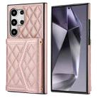 For Samsung Galaxy S24 Ultra 5G Splicing Rhombic Texture Card Bag Phone Case with Long Lanyard(Rose Gold) - 1