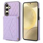 For Samsung Galaxy S24 FE 5G Splicing Rhombic Texture Card Bag Phone Case with Long Lanyard(Purple) - 1