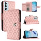 For Samsung Galaxy M14 5G Global  Rhombic Texture Flip Leather Phone Case with Lanyard(Coral Pink) - 1