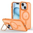 For iPhone 15 Plus Magsafe Skin Feel Lens Holder Phone Case(Orange) - 1