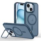 For iPhone 15 Plus Magsafe Skin Feel Lens Holder Phone Case(Dark Blue) - 1