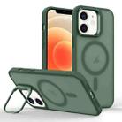 For iPhone 12 Magsafe Skin Feel Lens Holder Phone Case(Deep Green) - 1