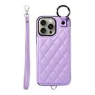 For iPhone 15 Pro Max Rhombic Texture Card Bag Phone Case with Short Lanyard(Purple) - 1