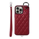 For iPhone 15 Pro Max Rhombic Texture Card Bag Phone Case with Short Lanyard(Wine Red) - 1