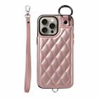 For iPhone 15 Pro Max Rhombic Texture Card Bag Phone Case with Short Lanyard(Rose Gold) - 1