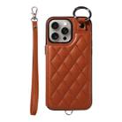 For iPhone 15 Pro Max Rhombic Texture Card Bag Phone Case with Short Lanyard(Brown) - 1