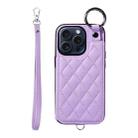 For iPhone 15 Pro Rhombic Texture Card Bag Phone Case with Short Lanyard(Purple) - 1