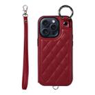 For iPhone 15 Pro Rhombic Texture Card Bag Phone Case with Short Lanyard(Wine Red) - 1