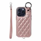 For iPhone 15 Pro Rhombic Texture Card Bag Phone Case with Short Lanyard(Rose Gold) - 1