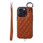 For iPhone 15 Pro Rhombic Texture Card Bag Phone Case with Short Lanyard(Brown) - 1