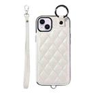 For iPhone 15 Plus / 14 Plus Rhombic Texture Card Bag Phone Case with Short Lanyard(White) - 1