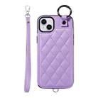 For iPhone 15 Plus / 14 Plus Rhombic Texture Card Bag Phone Case with Short Lanyard(Purple) - 1