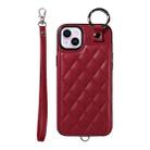 For iPhone 15 Plus / 14 Plus Rhombic Texture Card Bag Phone Case with Short Lanyard(Wine Red) - 1