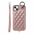 For iPhone 15 Plus / 14 Plus Rhombic Texture Card Bag Phone Case with Short Lanyard(Rose Gold) - 1