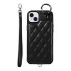 For iPhone 15 Plus / 14 Plus Rhombic Texture Card Bag Phone Case with Short Lanyard(Black) - 1