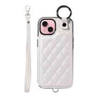 For iPhone 15 Rhombic Texture Card Bag Phone Case with Short Lanyard(White) - 1