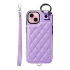 For iPhone 15 Rhombic Texture Card Bag Phone Case with Short Lanyard(Purple) - 1