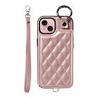 For iPhone 15 Rhombic Texture Card Bag Phone Case with Short Lanyard(Rose Gold) - 1