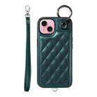 For iPhone 15 Rhombic Texture Card Bag Phone Case with Short Lanyard(Green) - 1