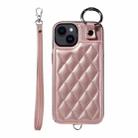 For iPhone 14 Rhombic Texture Card Bag Phone Case with Short Lanyard(Rose Gold) - 1