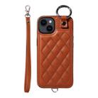 For iPhone 14 Rhombic Texture Card Bag Phone Case with Short Lanyard(Brown) - 1