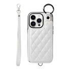 For iPhone 14 Pro Rhombic Texture Card Bag Phone Case with Short Lanyard(White) - 1