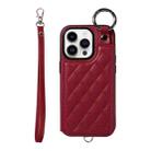 For iPhone 14 Pro Rhombic Texture Card Bag Phone Case with Short Lanyard(Wine Red) - 1