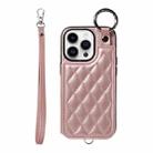 For iPhone 14 Pro Rhombic Texture Card Bag Phone Case with Short Lanyard(Rose Gold) - 1