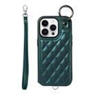 For iPhone 14 Pro Rhombic Texture Card Bag Phone Case with Short Lanyard(Green) - 1