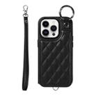 For iPhone 14 Pro Rhombic Texture Card Bag Phone Case with Short Lanyard(Black) - 1