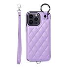 For iPhone 14 Pro Max Rhombic Texture Card Bag Phone Case with Short Lanyard(Purple) - 1