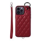 For iPhone 14 Pro Max Rhombic Texture Card Bag Phone Case with Short Lanyard(Wine Red) - 1