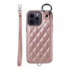 For iPhone 14 Pro Max Rhombic Texture Card Bag Phone Case with Short Lanyard(Rose Gold) - 1